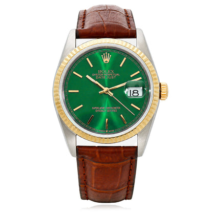 36mm Rolex Datejust 16233 Green Dial 18K Gold Fluted Bezel Steel Men's Watch