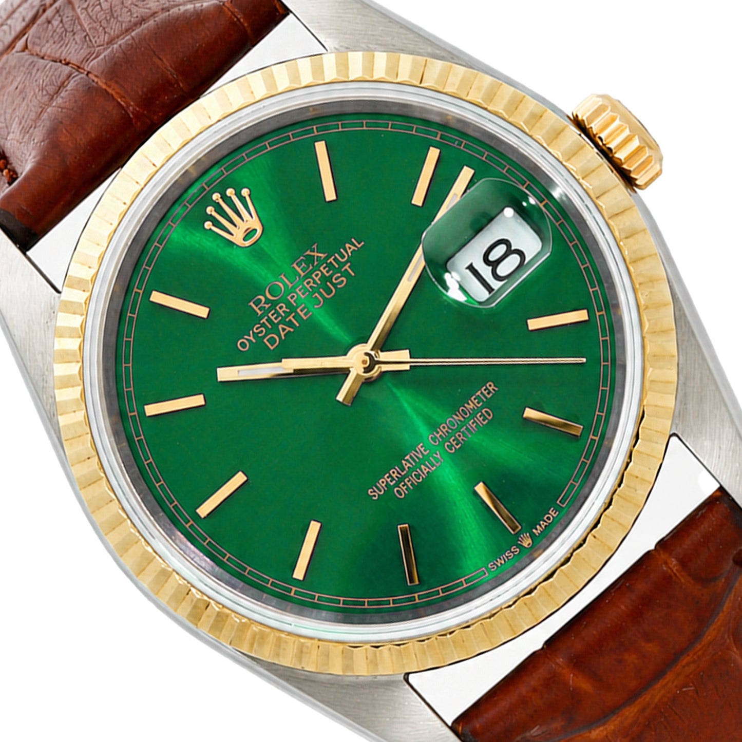 36mm Rolex Datejust 16233 Green Dial 18K Gold Fluted Bezel Steel Men's Watch