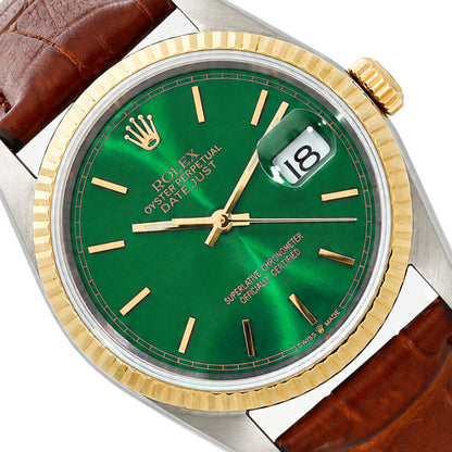 36mm Rolex Datejust 16233 Green Dial 18K Gold Fluted Bezel Steel Men's Watch
