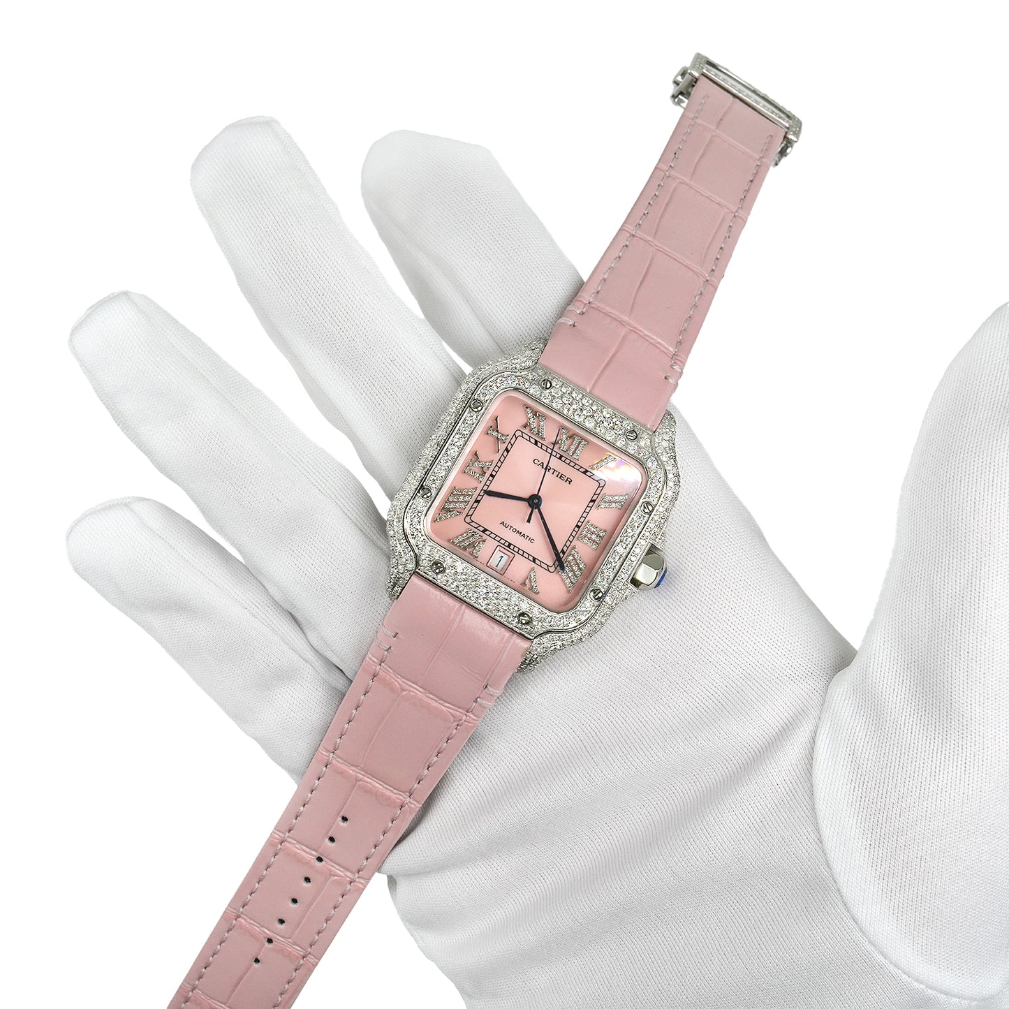 NEW 5TCW Natural Diamond Cartier Santos Large 40mm Pave Roman Pink Dial Watch