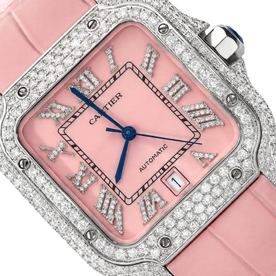 NEW 5TCW Natural Diamond Cartier Santos Large 40mm Pave Roman Pink Dial Watch