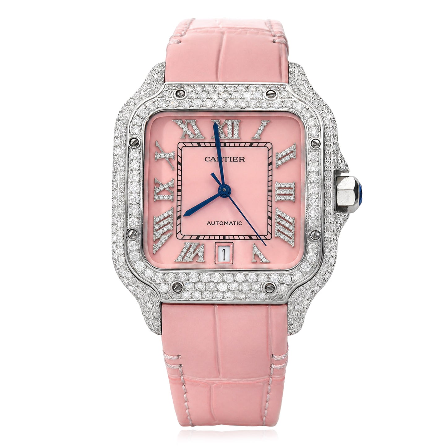 NEW 5TCW Natural Diamond Cartier Santos Large 40mm Pave Roman Pink Dial Watch