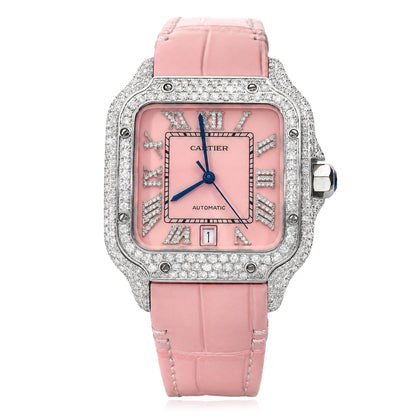NEW 5TCW Natural Diamond Cartier Santos Large 40mm Pave Roman Pink Dial Watch