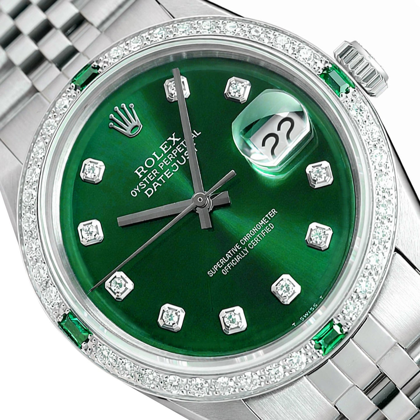 Rolex Datejust 1603 36mm Green Dial 18K White Gold Diamond Emerald Watch