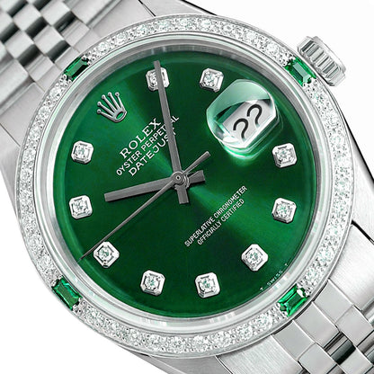 Rolex Datejust 1603 36mm Green Dial 18K White Gold Diamond Emerald Watch