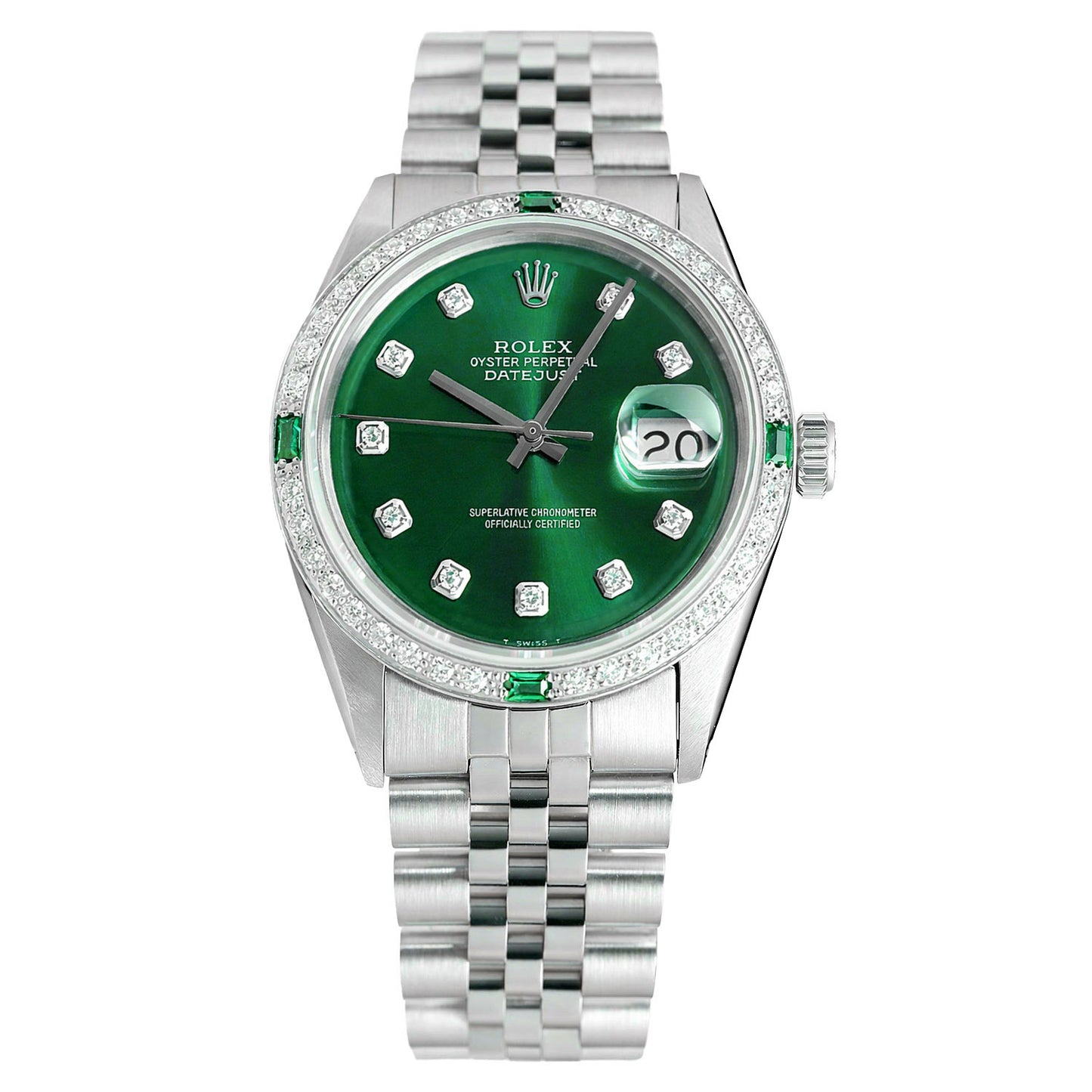 Rolex Datejust 1603 36mm Green Dial 18K White Gold Diamond Emerald Watch