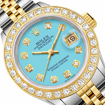 26mm Rolex Datejust 69173 Turquoise Dial Diamond Bezel Steel Women's Watch