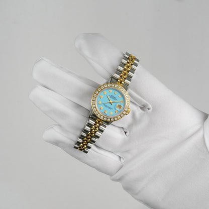 26mm Rolex Datejust 6917 Turquoise Dial Diamond Bezel Steel Women's Watch