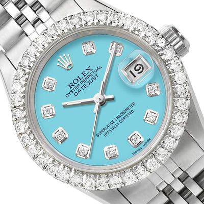 26mm Rolex Datejust 6917 Custom Diamond 18K Gold Bezel Turquoise Dial Watch