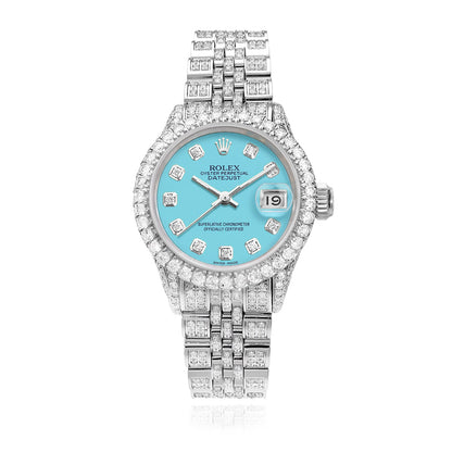 26mm Rolex Datejust 69173 Custom Diamond Pave Jubilee Band Turquoise Dial Watch