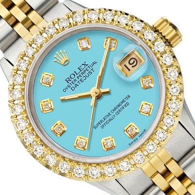 26mm Rolex Datejust 6917 Diamond Bezel Turquoise Dial Steel Women's Watch