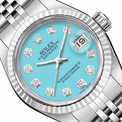 Rolex Datejust 6917 26mm Turquoise Dial Fluted Gold Bezel Steel Women's Watch
