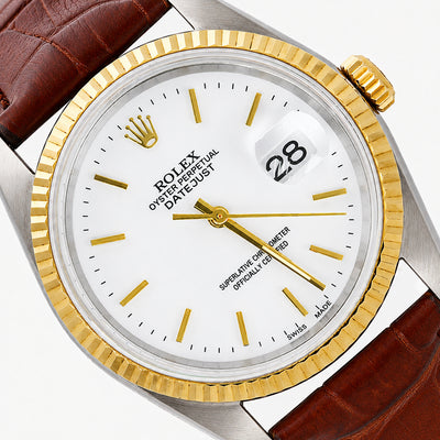 Rolex Datejust 16013 36mm White Dial 18k Gold Fluted Bezel Stainless Steel Watch