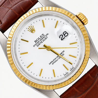 Rolex Datejust 16013 36mm White Dial 18k Gold Fluted Bezel Stainless Steel Watch