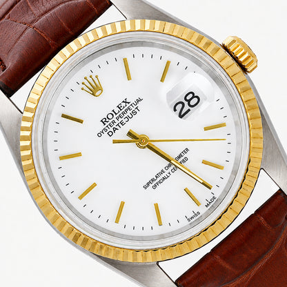 Rolex Datejust 1601 36mm White Dial 18k Gold Fluted Bezel Stainless Steel Watch