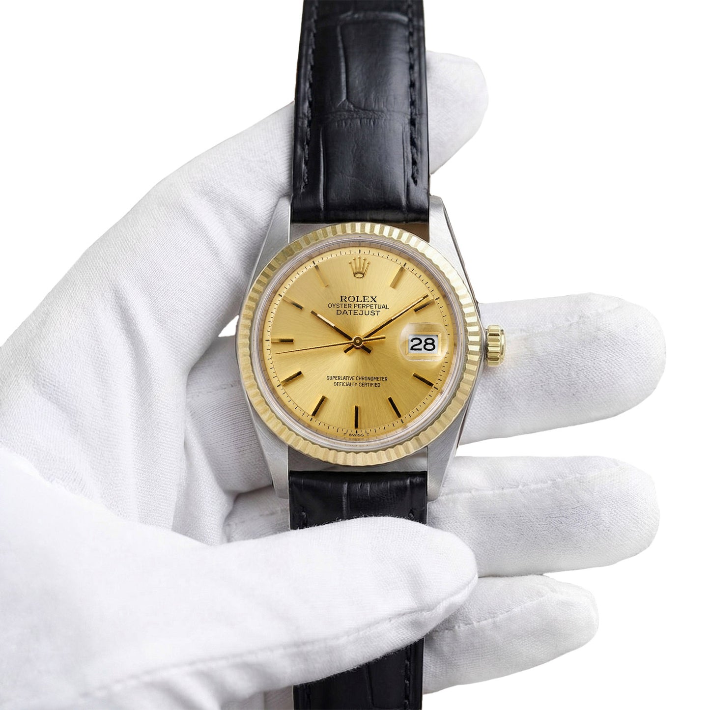 Rolex Datejust 1601 36mm Gold Dial 18k Fluted Bezel Steel Black Leather Watch