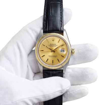 Rolex Datejust 1601 36mm Gold Dial 18k Fluted Bezel Steel Black Leather Watch