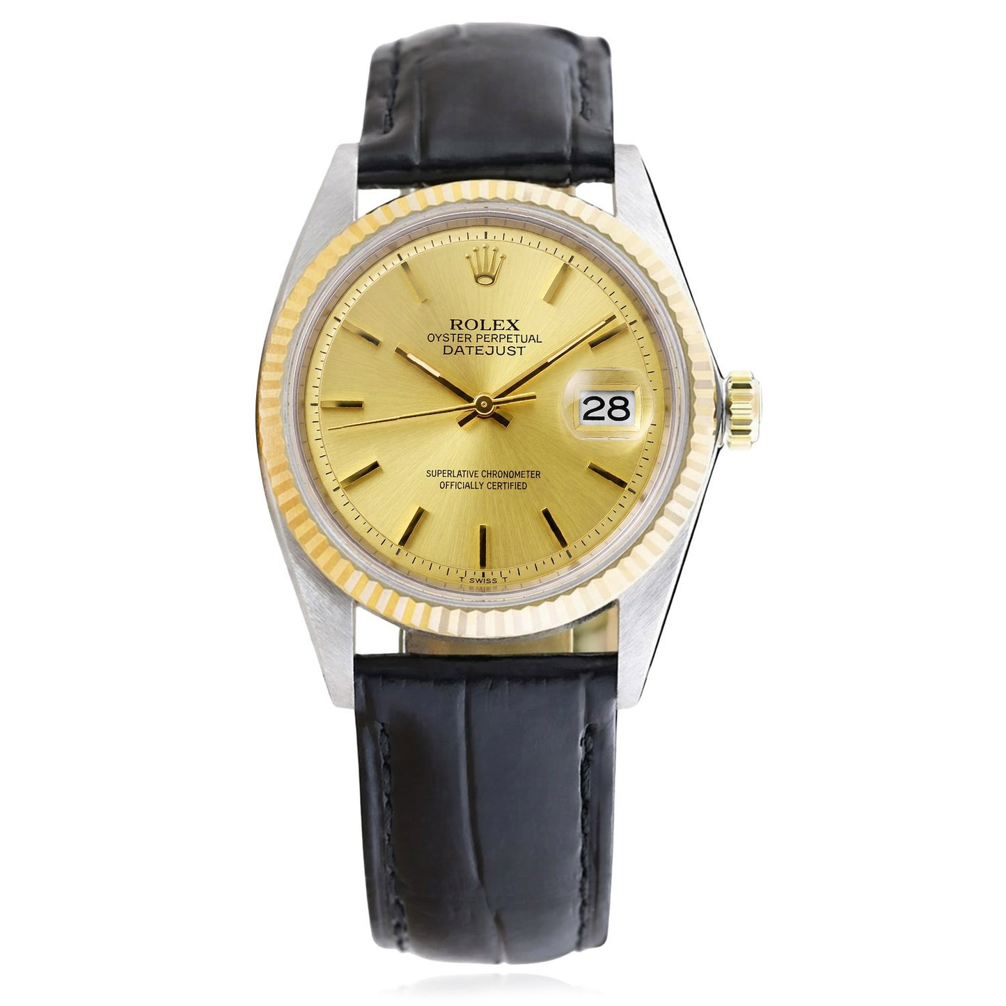 Rolex Datejust 1601 36mm Gold Dial 18k Fluted Bezel Steel Black Leather Watch
