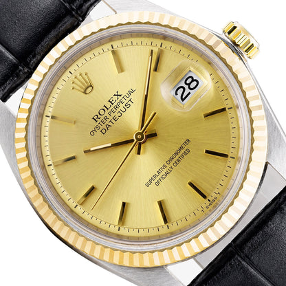 Rolex Datejust 1601 36mm Gold Dial 18k Fluted Bezel Steel Black Leather Watch
