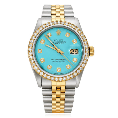 36mm Rolex Datejust 1601 Jubilee Turquoise Dial 3.30Ct Diamond Bezel Watch