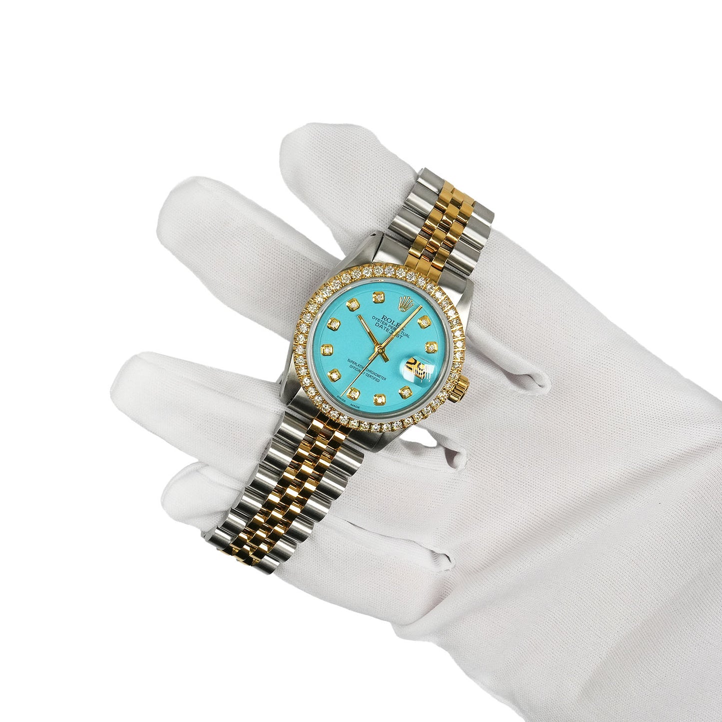 36mm Rolex Datejust 1601 Jubilee Turquoise Dial 3.30Ct Diamond Bezel Watch