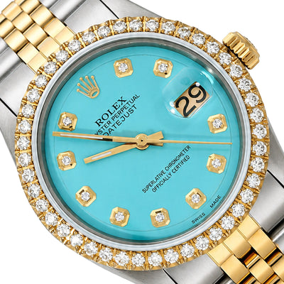 36mm Rolex Datejust 1601 Jubilee Turquoise Dial 3.30Ct Diamond Bezel Watch