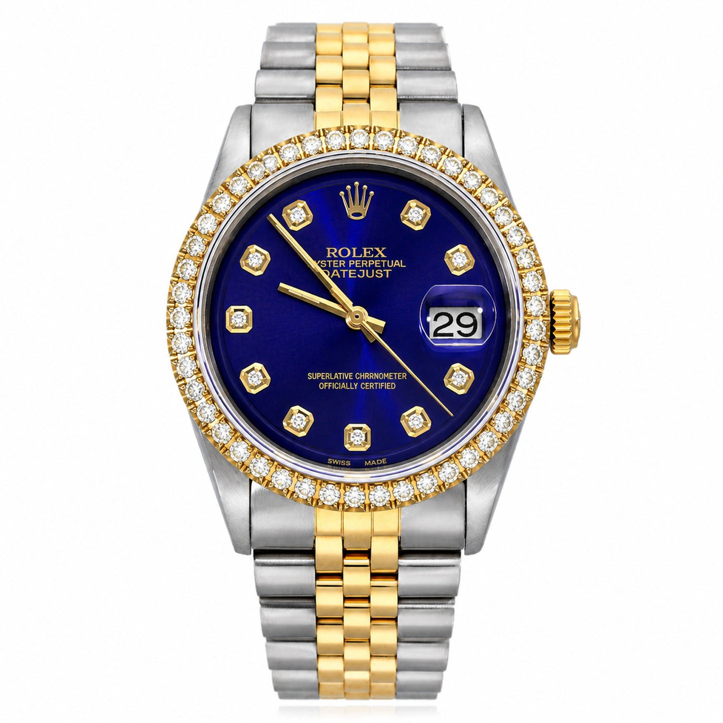 36mm Rolex Datejust 1601 Jubilee Deep Blue Dial 3.30Ct Diamond Bezel Watch