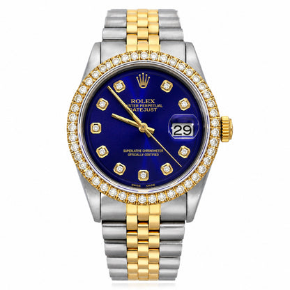 36mm Rolex Datejust 1601 Jubilee Deep Blue Dial 3.30Ct Diamond Bezel Watch
