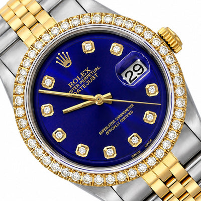 36mm Rolex Datejust 1601 Jubilee Deep Blue Dial 3.30Ct Diamond Bezel Watch