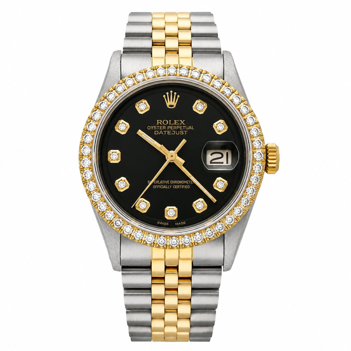 36mm Rolex Datejust 1601 Jubilee Black Dial 3.30Ct Diamond Bezel Watch