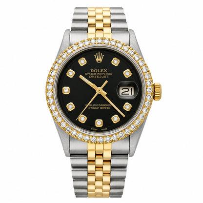 36mm Rolex Datejust 1601 Jubilee Black Dial 3.30Ct Diamond Bezel Watch