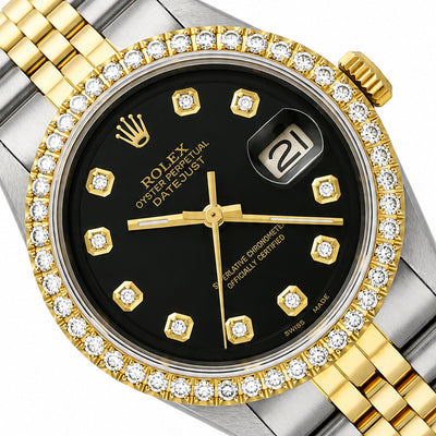 36mm Rolex Datejust 1601 Jubilee Black Dial 3.30Ct Diamond Bezel Watch