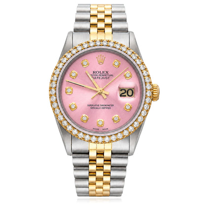 36mm Rolex Datejust 1601 Jubilee Pink Dial 3.30Ct Diamond Bezel Watch
