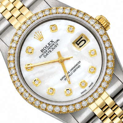 36mm Rolex Datejust 1601 Jubilee White MOP Dial 3.30Ct Diamond Bezel Watch