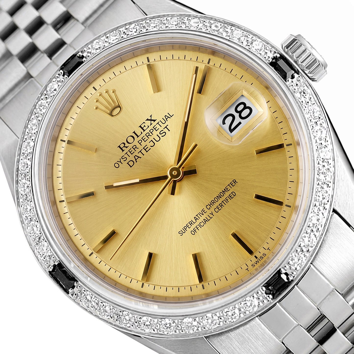 Rolex Datejust 1603 36mm 18K White Gold Diamond Onyx Bezel Gold Dial Watch