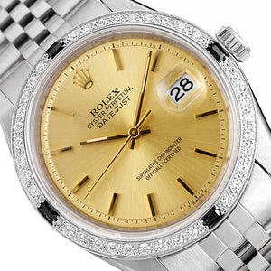 Rolex Datejust 1603 36mm 18K White Gold Diamond Onyx Bezel Gold Dial Watch