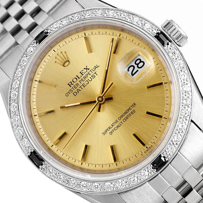 Rolex Datejust 1603 36mm 18K White Gold Diamond Onyx Bezel Gold Dial Watch