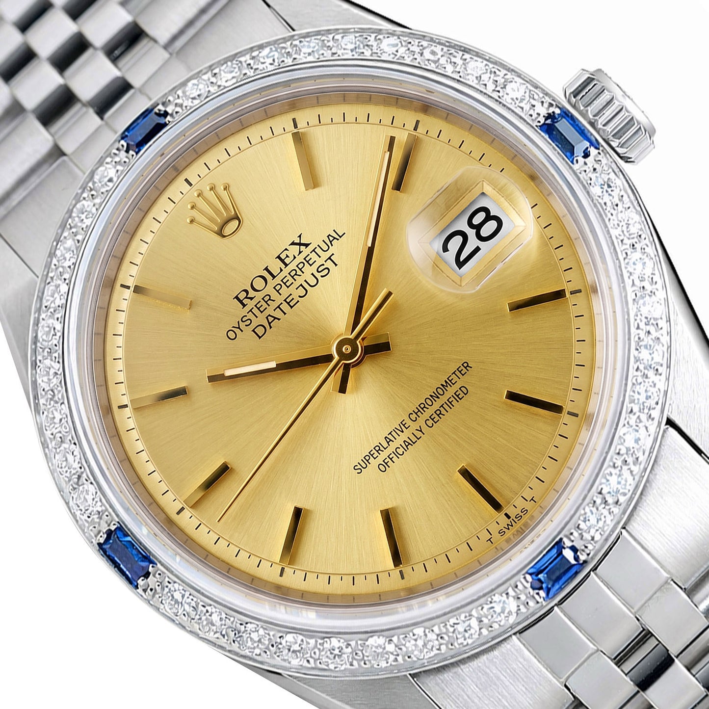 Rolex Datejust 1603 36mm Gold Dial 18K White Gold Diamond Sapphire Watch