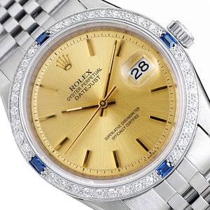 Rolex Datejust 1603 36mm Gold Dial 18K White Gold Diamond Sapphire Watch