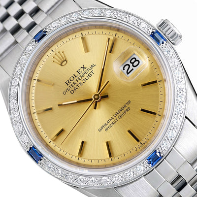 Rolex Datejust 1603 36mm Gold Dial 18K White Gold Diamond Sapphire Watch