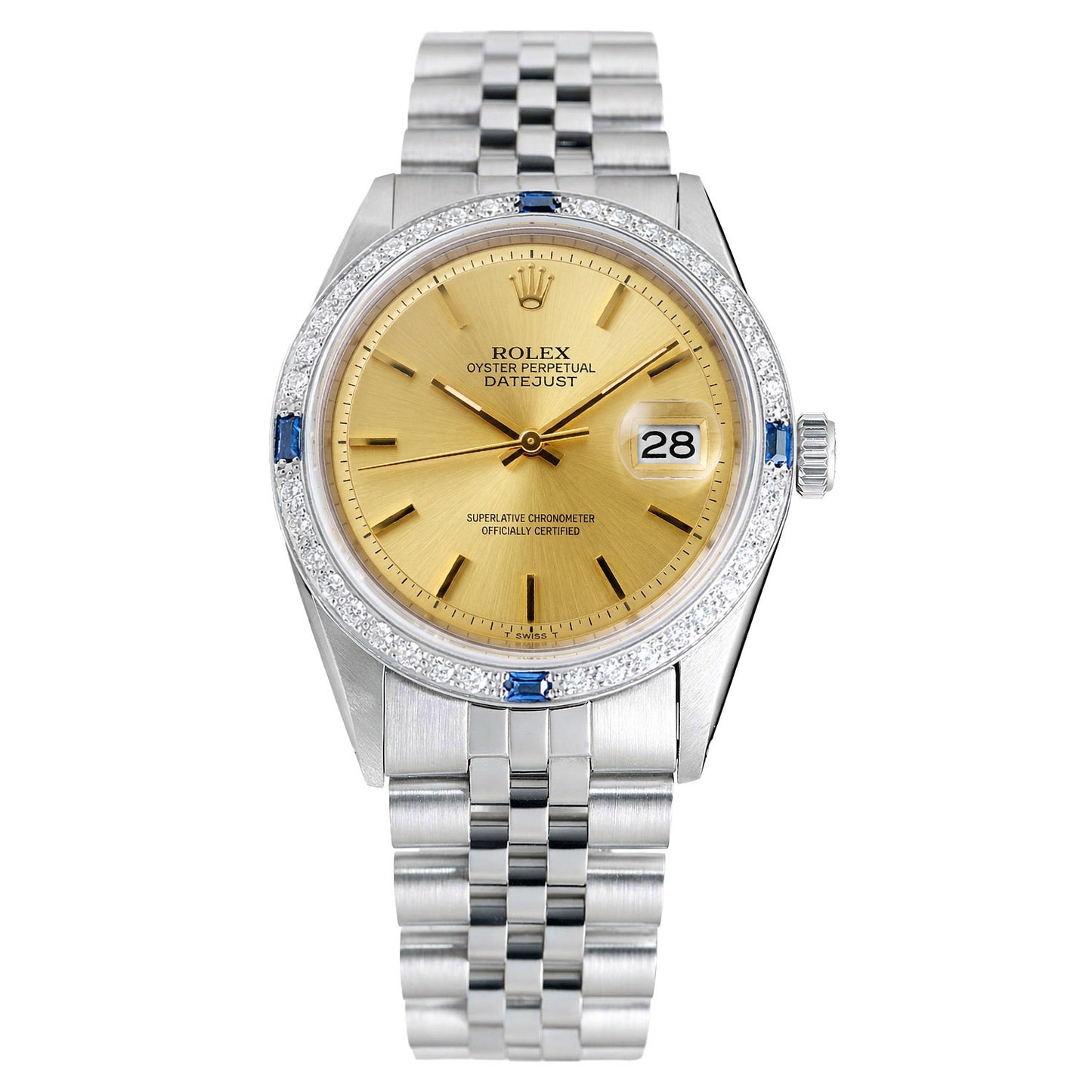 Rolex Datejust 1603 36mm Gold Dial 18K White Gold Diamond Sapphire Watch