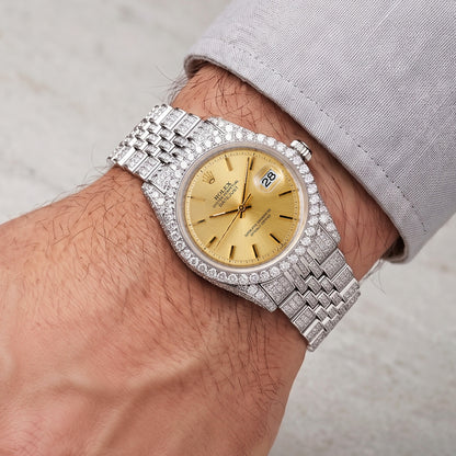 Luxury watch with diamond-studded band on a wrist against a neutral background [lifestyle]