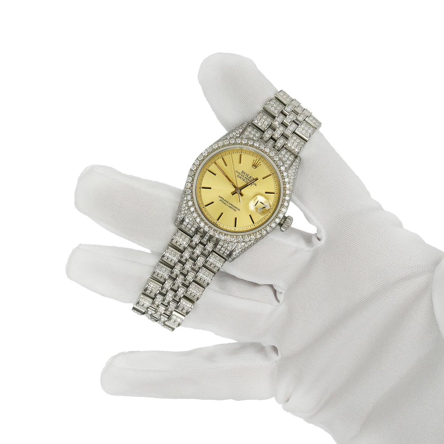 36mm Rolex Datejust 1601 9.00 TCW Diamond Jubilee Band Gold Dial Bezel Watch