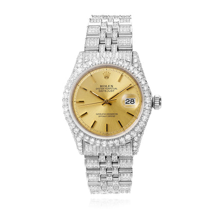36mm Rolex Datejust 1601 9.00 TCW Diamond Jubilee Band Gold Dial Bezel Watch