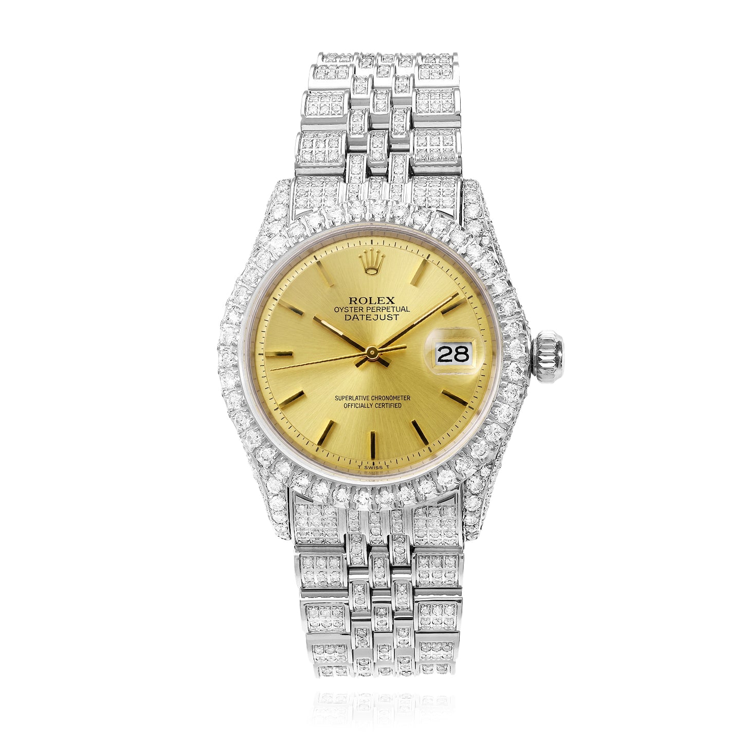 36mm Rolex Datejust 1601 9.00 TCW Diamond Jubilee Band Gold Dial Bezel Watch