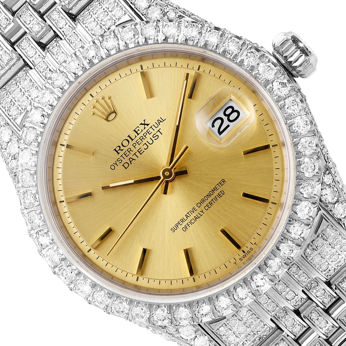 36mm Rolex Datejust 1601 9.00 TCW Diamond Jubilee Band Gold Dial Bezel Watch
