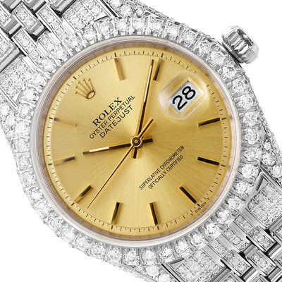 36mm Rolex Datejust 1601 9.00 TCW Diamond Jubilee Band Gold Dial Bezel Watch