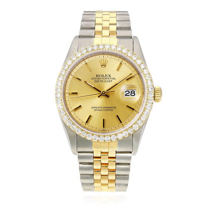 36mm Rolex Datejust 1601 Jubilee Gold Dial 3.00Ct Diamond Bezel Watch