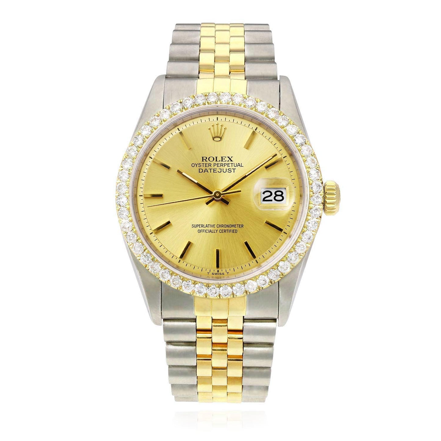 36mm Rolex Datejust 1601 Jubilee Gold Dial 3.00Ct Diamond Bezel Watch