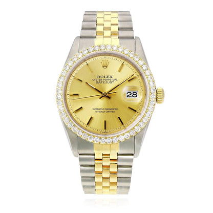36mm Rolex Datejust 1601 Jubilee Gold Dial 3.00Ct Diamond Bezel Watch